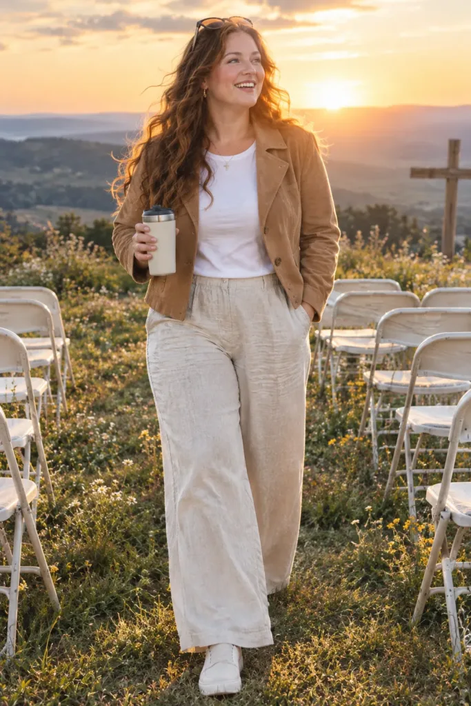 Curvy woman in oatmeal linen pants and tan suede-look jacket at an outdoor sunrise church service