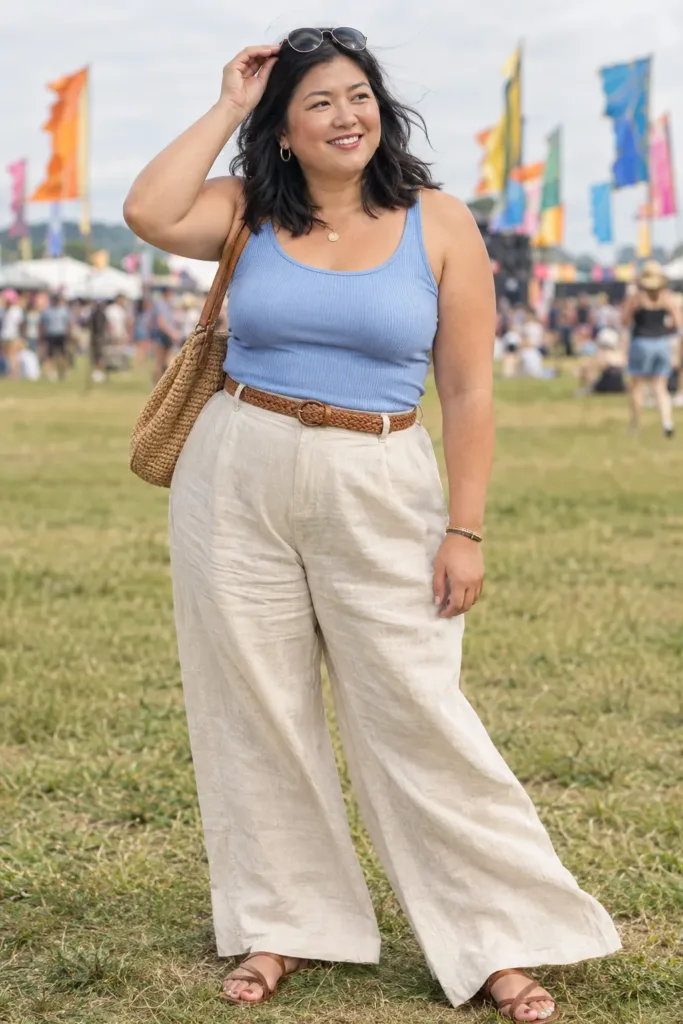 10 Stunning Plus Size Concert Outfits That Beat the Summer Heat 5 Curvy woman in sand linen wide-leg pants and blue tank at a hot summer country festival