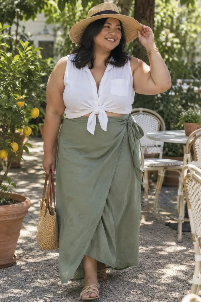 Plus size long linen wrap skirt with white button-down shirt at a brunch cafe patio