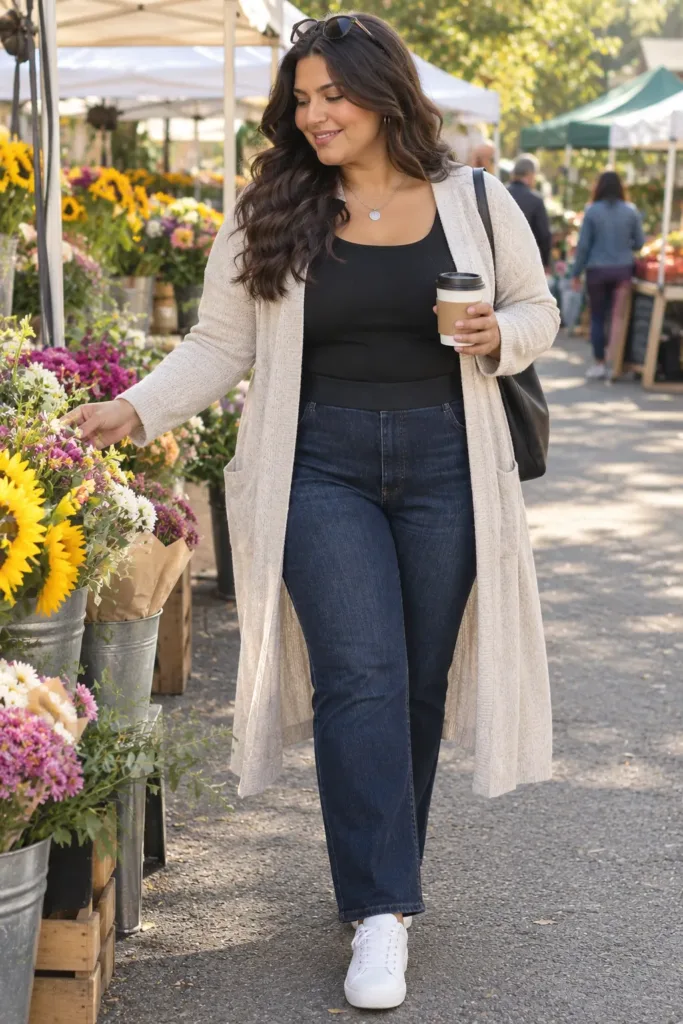 Curvy woman in long oatmeal cardigan and straight-leg jeans at a spring farmers market