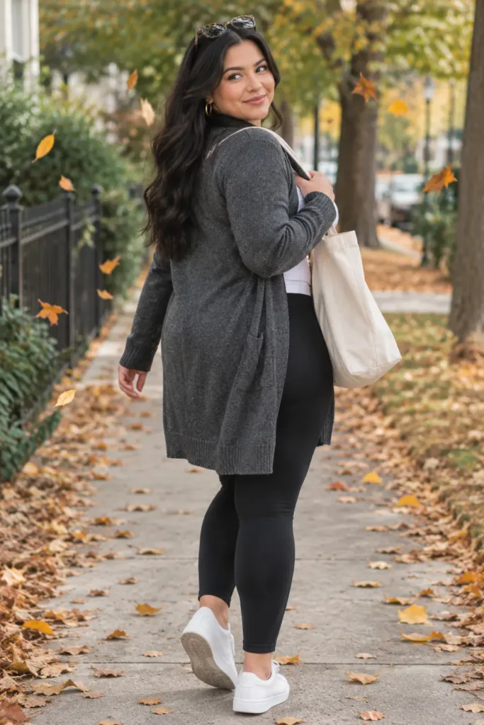 Midsize woman in long charcoal cardigan, leggings and sneakers on an errand day, easy casual autumn outfit