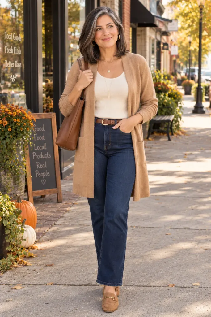 Camel cardigan and dark jeans versatile