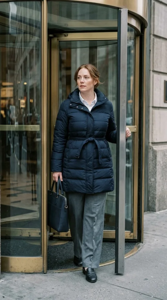 Woman in a navy longline packable puffer jacket with wide-leg trousers outside a city hotel