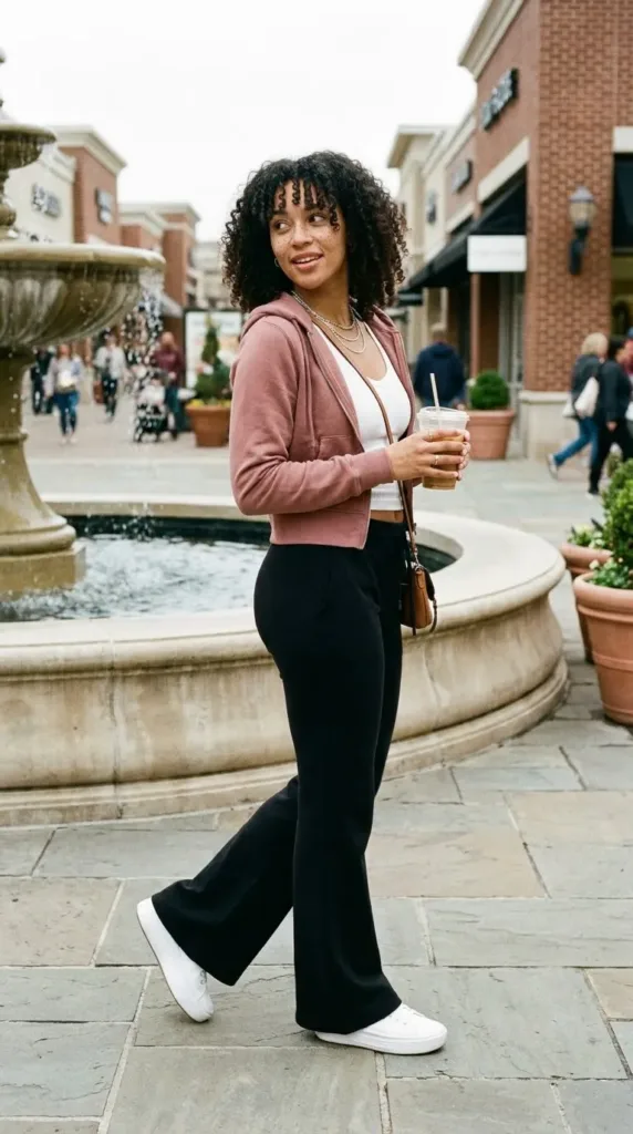 Black flare sweatpants outfit with a cropped dusty rose hoodie and platform sneakers