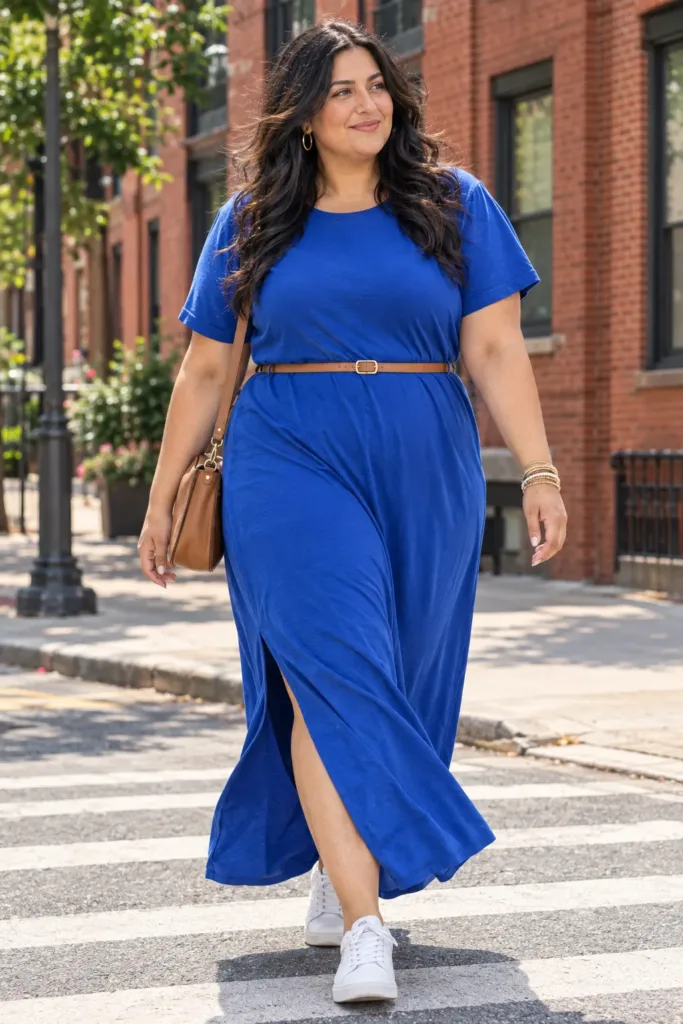 Curvy woman wearing a cobalt jersey maxi tee dress with sneakers, a plus size simple summer outfit