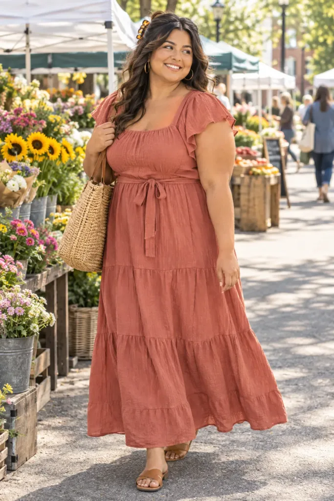 Curvy woman in terracotta tiered maxi dress with straw tote at a farmers market