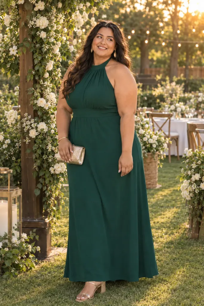 Curvy woman in emerald halter maxi dress with gold sandals at a summer garden wedding