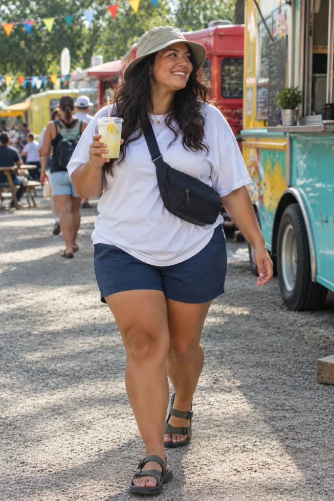 Plus size woman in a white performance tee, navy shorts, bucket hat and sport sandals at a festival