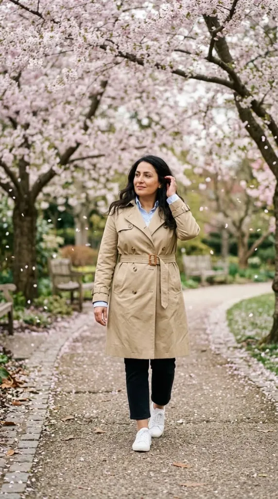 Cropped black jeans outfit with a khaki trench coat and white sneakers in a spring garden