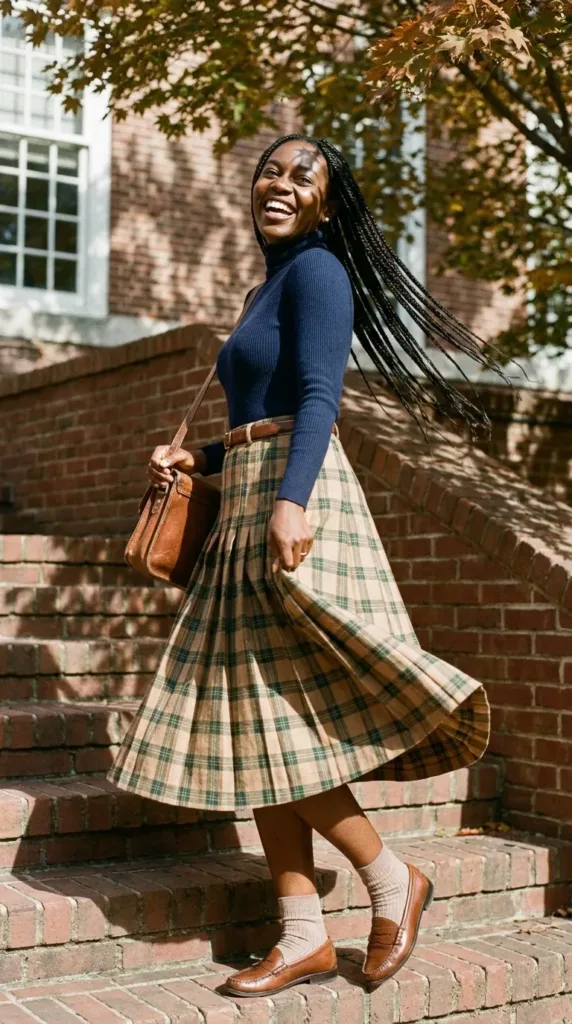 Woman wearing a navy turtleneck bodysuit with a plaid pleated midi skirt and loafers