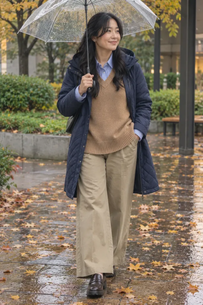 Plus size woman in striped shirt, camel vest and khaki chinos crossing a courtyard on a rainy fall workday