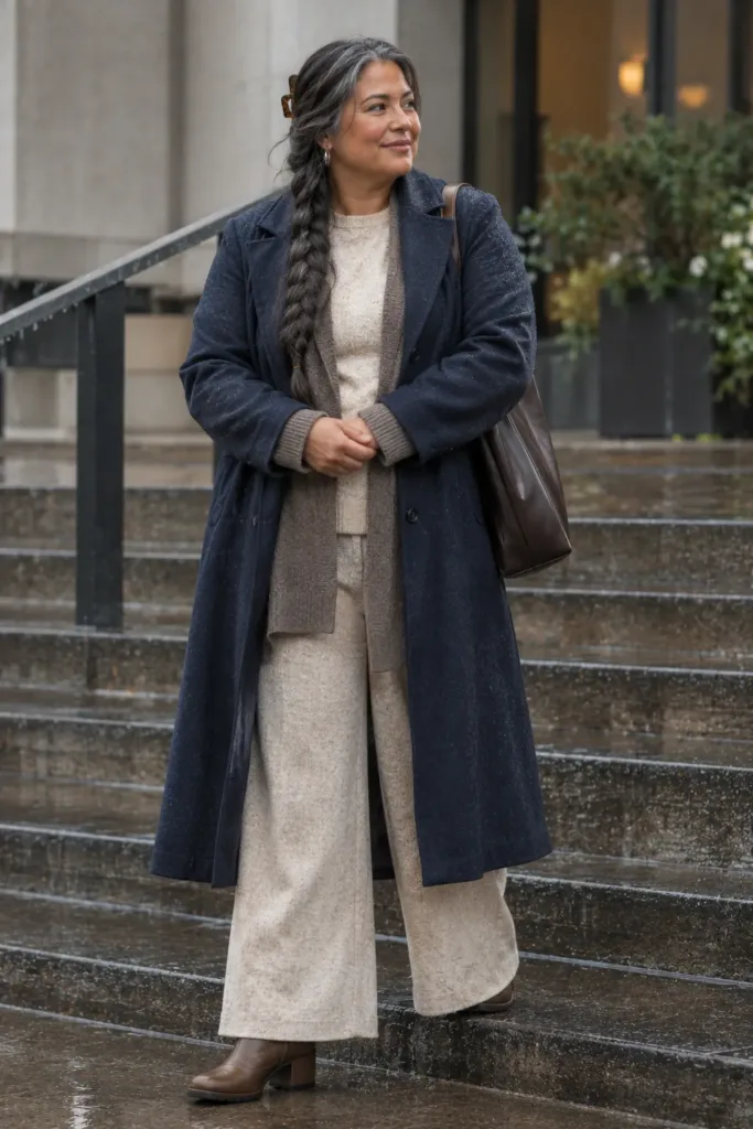 Curvy woman in oatmeal knit set and long cardigan on office steps during a rainy fall morning