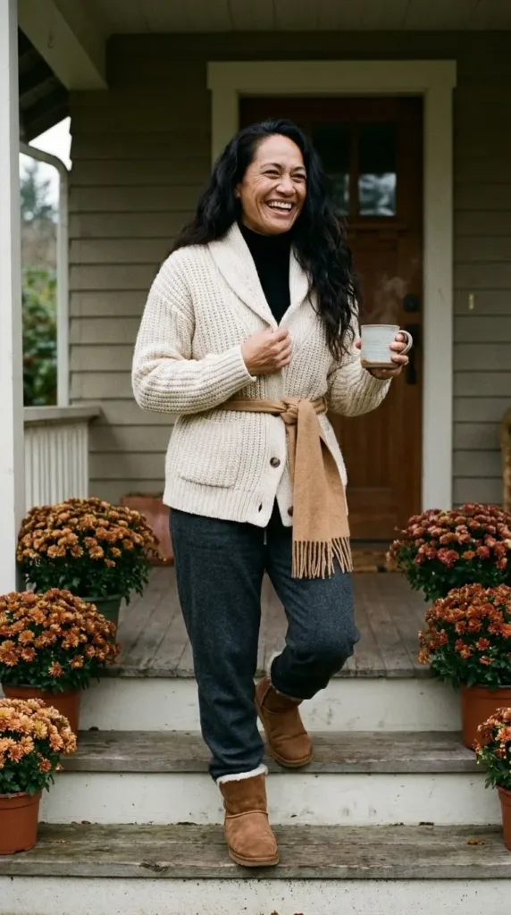 Charcoal wool-blend sweatpants outfit with a chunky cream cardigan and ankle boots