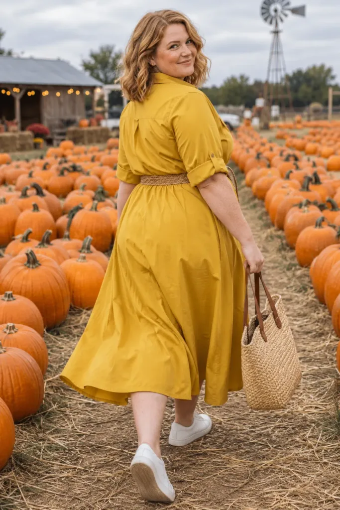  Curvy woman in a mustard shirt dress and white sneakers at a pumpkin patch in warm fall weather