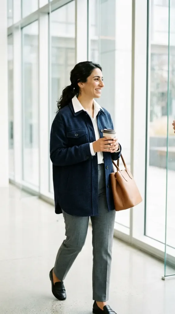 Midsize woman in a navy herringbone oversized shacket with white shirt and gray trousers in an office lobby