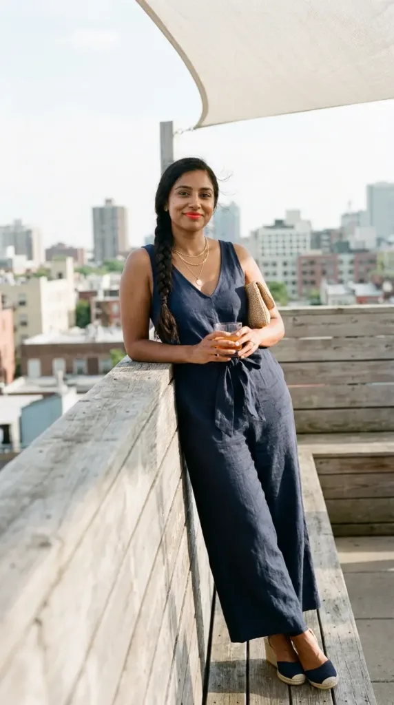 Woman in navy linen jumpsuit and wedges at a rooftop Memorial Day BBQ