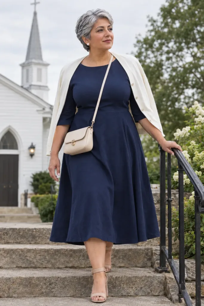  Plus size woman in a navy midi dress and ivory cardigan at a Memorial Day remembrance service