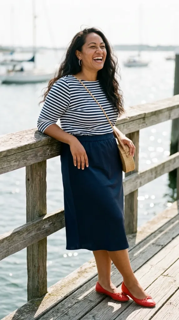 Woman in navy satin skirt, striped tee and red ballet flats laughing on a sunny harbor dock