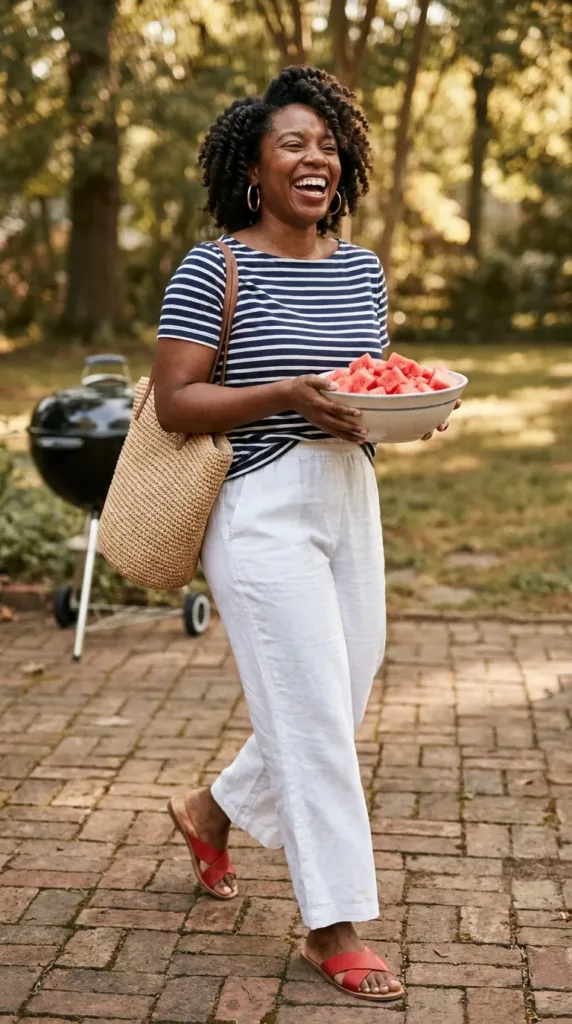 Woman in navy striped tee and white wide-leg pants at a Memorial Day BBQ patio