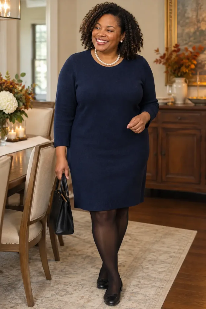 Navy sweater dress with pearls holiday