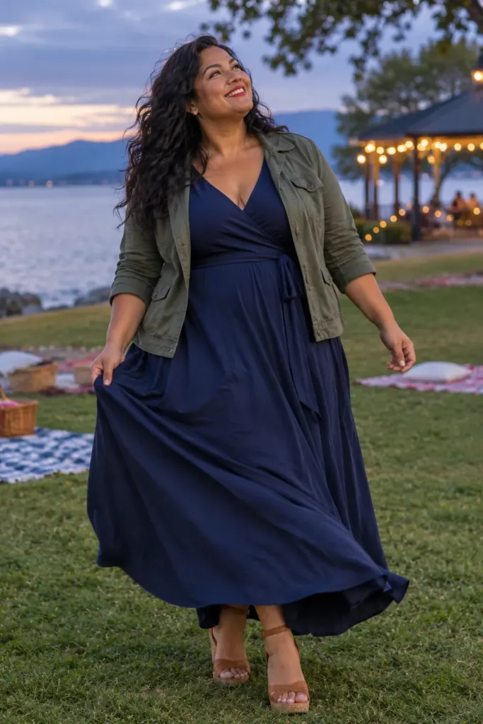 Plus size woman in a navy wrap maxi dress and olive jacket watching Memorial Day fireworks