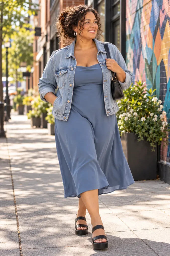 Curvy woman in a cool-blue slip sundress with oversized denim jacket on a sunny city sidewalk