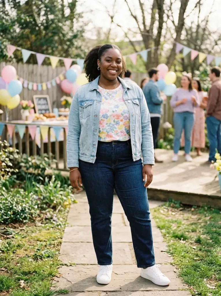 Plus size casual Easter outfit with a floral tee for a no church holiday