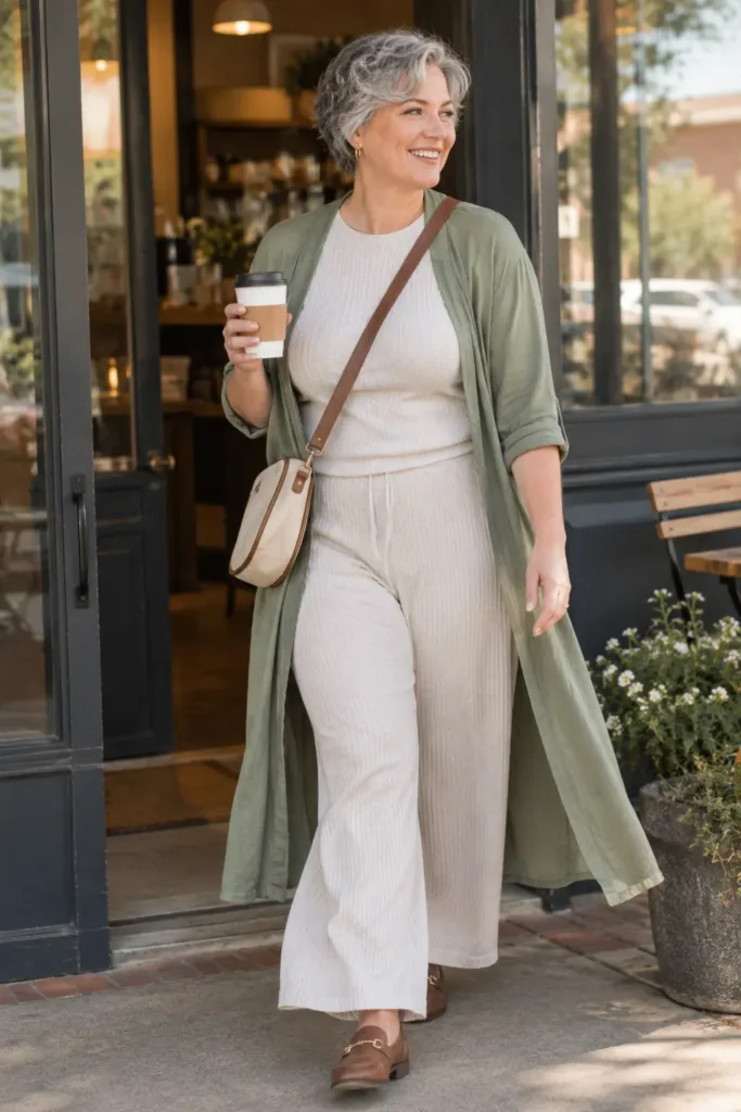  Curvy woman in an oatmeal knit set and sage duster cardigan, a cozy warm weather fall outfit