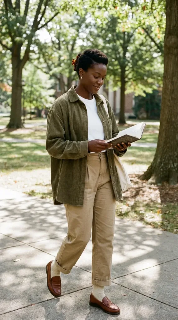 Woman in an olive corduroy oversized shacket with khaki trousers and loafers on a campus path