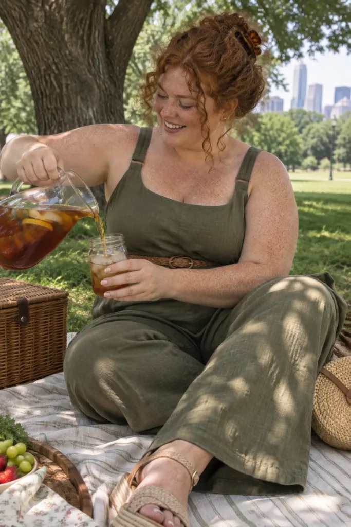  Curvy woman in an olive linen wide-leg jumpsuit at a park picnic, a plus size boho summer outfit