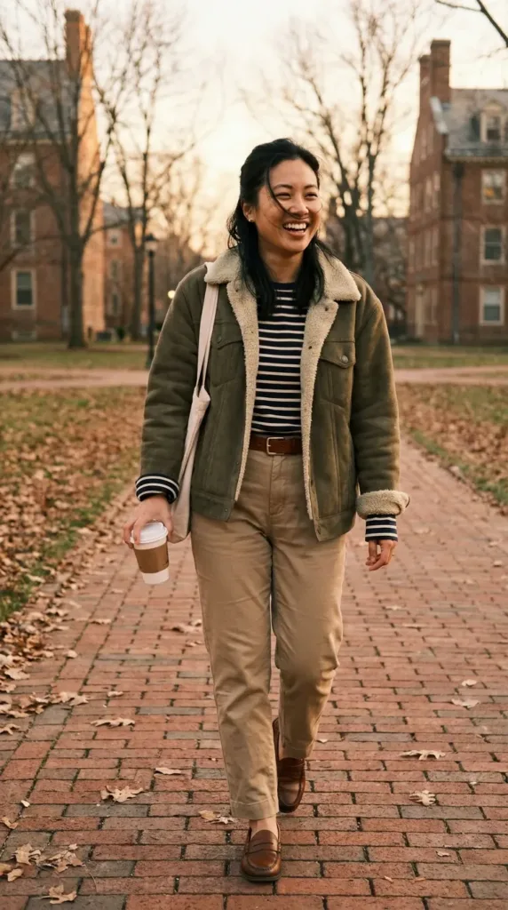 Midsize woman in an olive faux shearling trucker jacket, striped tee and khaki chinos on a campus path