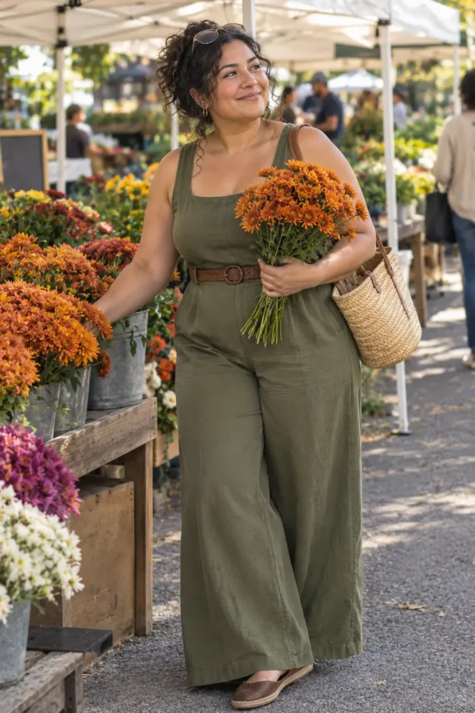  Curvy woman in an olive utility jumpsuit at a farmers market, a warm weather fall outfit