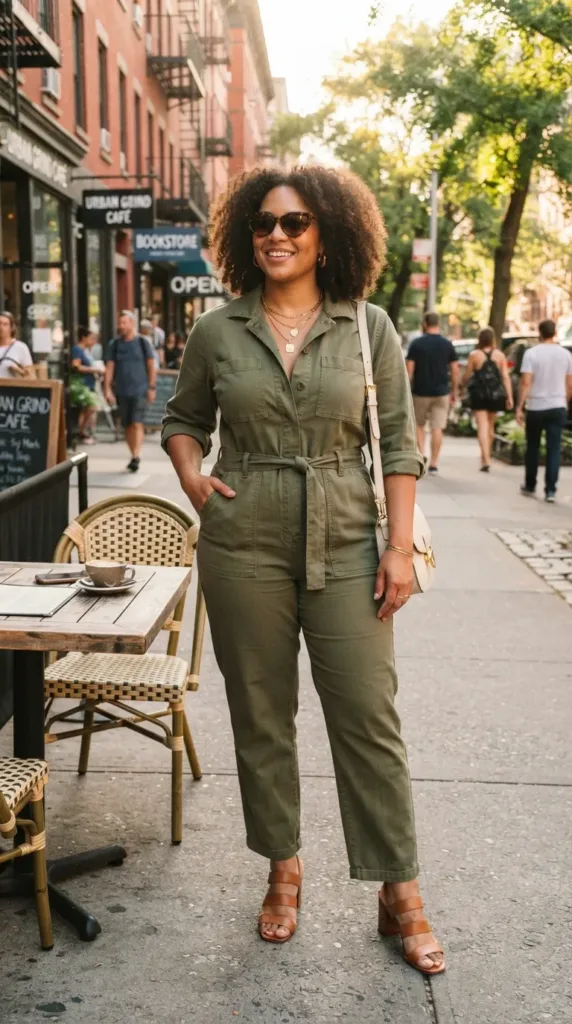 Curvy woman in an olive utility jumpsuit with tan heels and cream accessories
