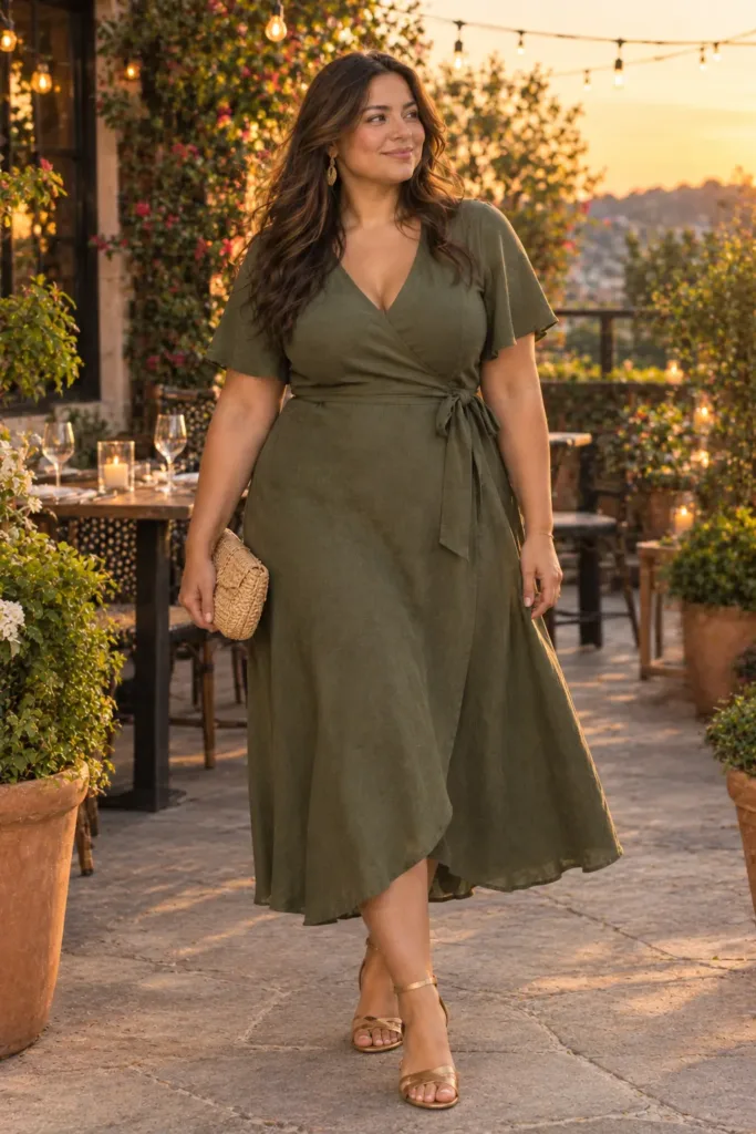 10 Cool Plus Size Outfits for Hot Summer Days 6 Olive wrap midi dress with gold sandals, a hot summer date night outfit for plus size women