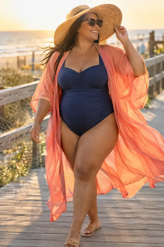 Navy one-piece and coral kaftan beach look for plus size summer pregnancy outfits
