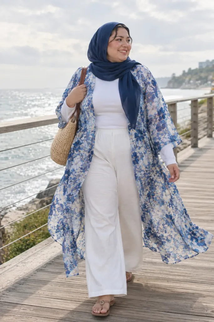 Plus size hijab summer outfit with a blue floral kimono over white wide-leg pants on a boardwalk