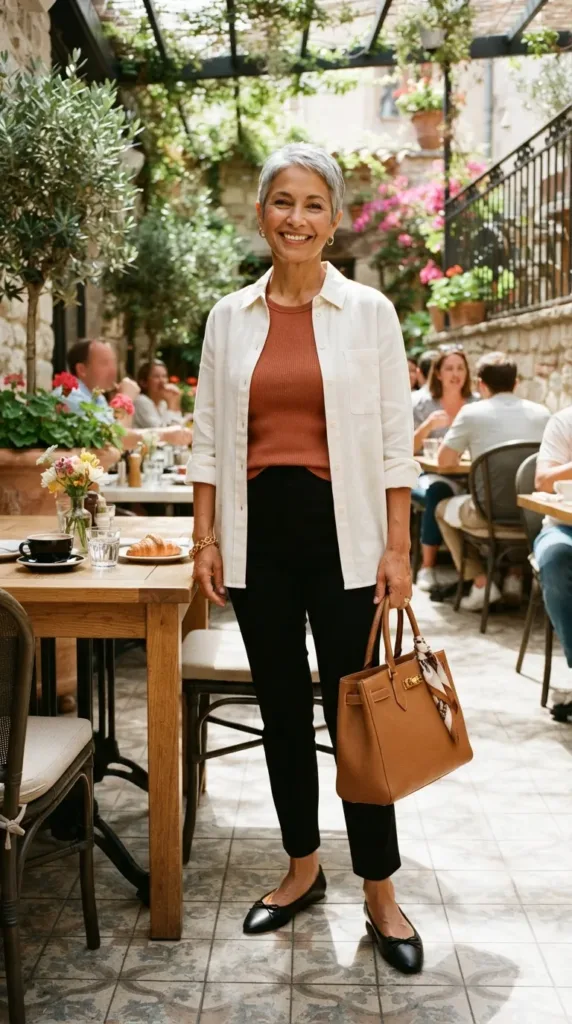 Petite apple-shaped woman in an ivory open linen shirt, terracotta tank, black trousers, and ballet flats