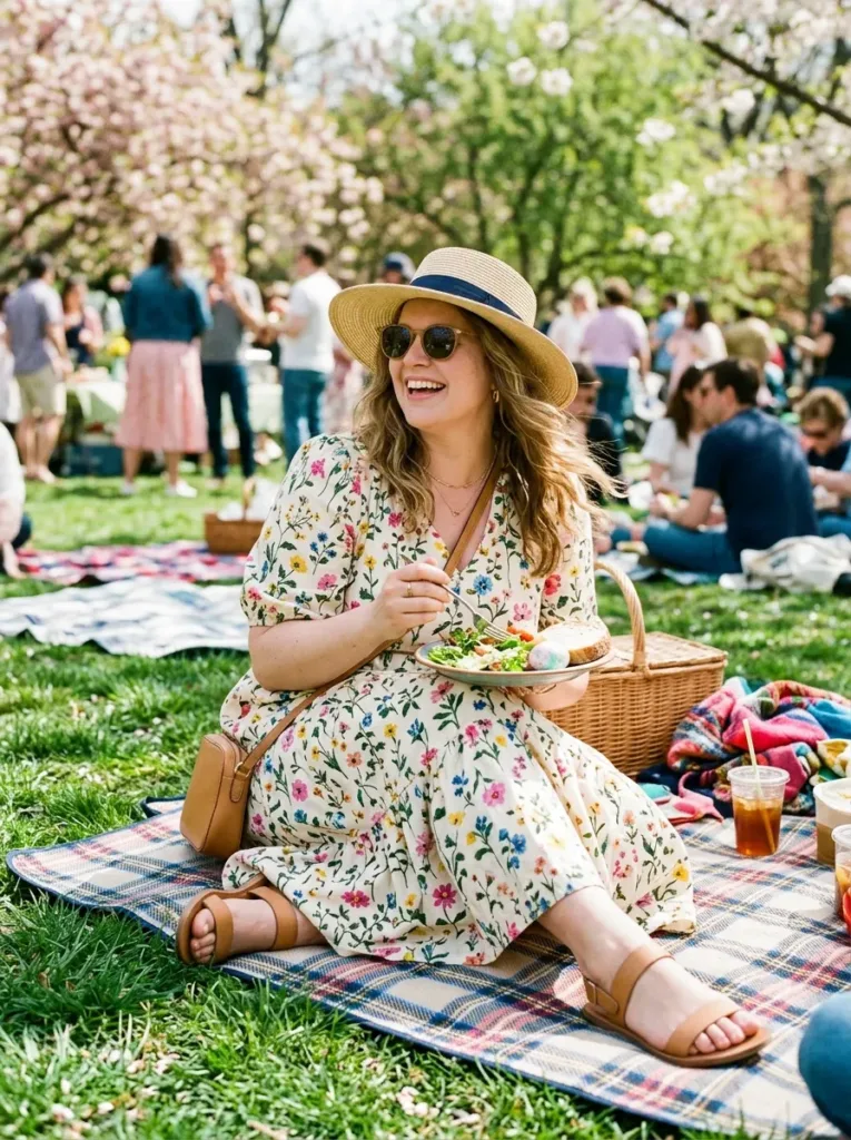 Plus size outdoor Easter picnic outfit with a floral midi dress