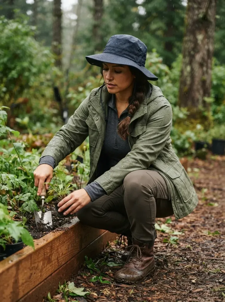 Plus size outdoor field work outfit for muddy rainy spring conditions