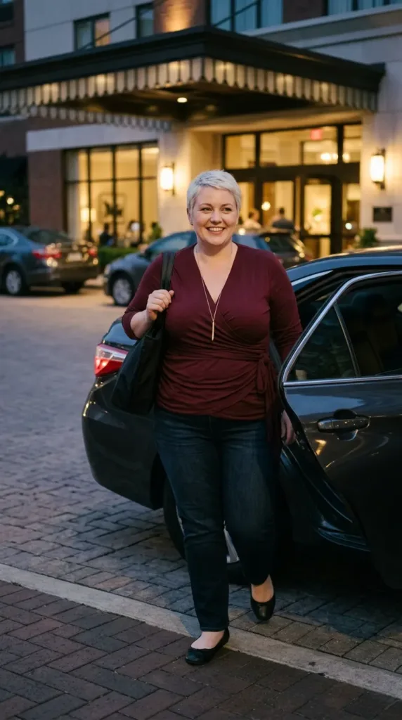 Woman in a burgundy jersey wrap top and dark jeans heading out for a weekend trip dinner, a wrinkle-resistant travel top look