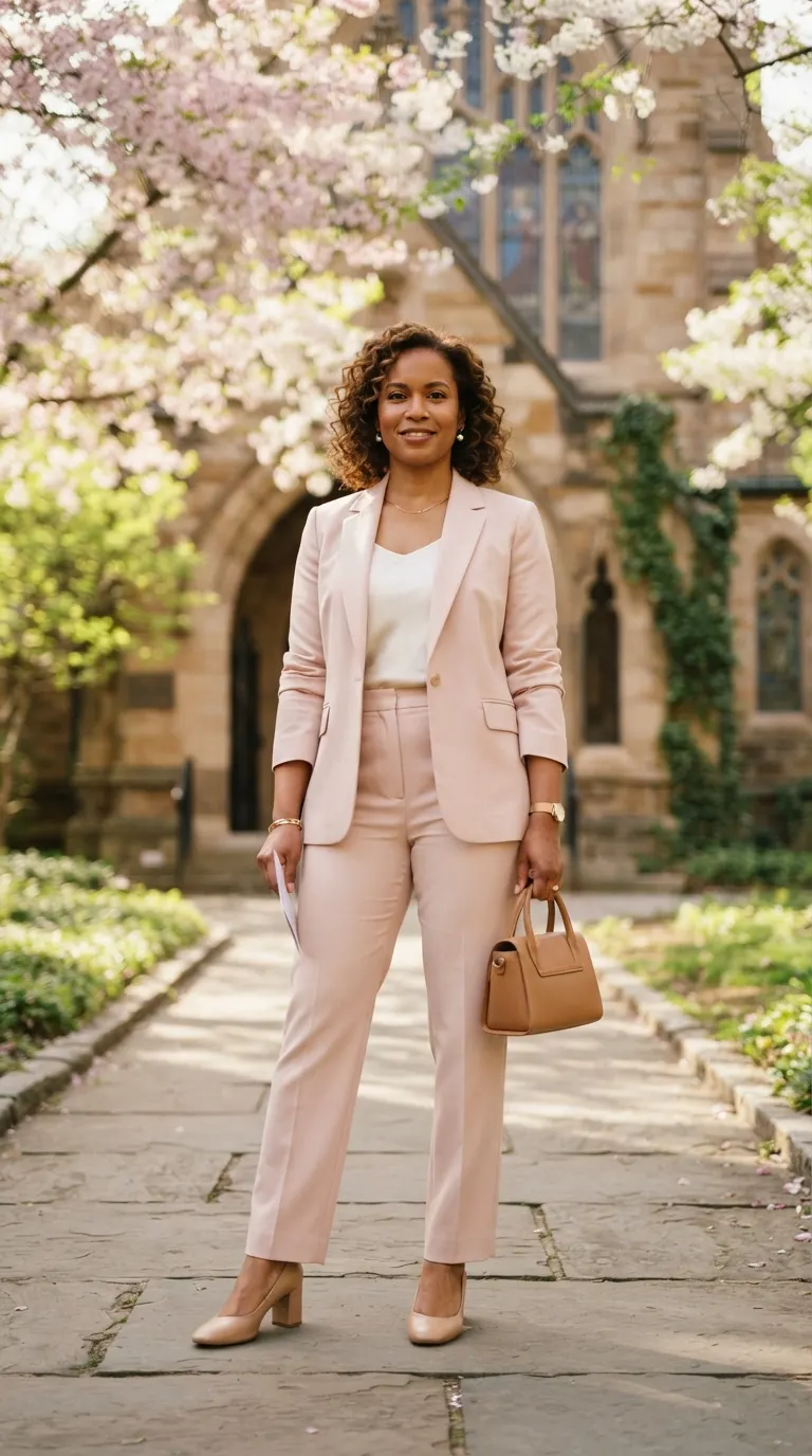 Plus size blush pantsuit outfit as a modest Easter church alternative to a dress