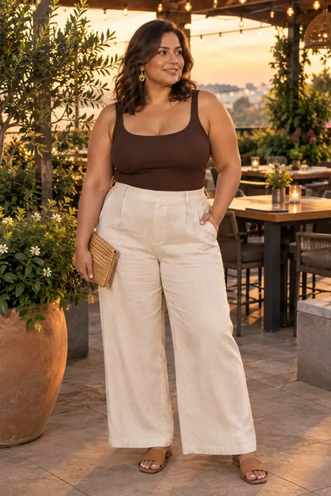 10 Plus Size Summer Going Out Outfits You'll Love 2 Plus size summer going out outfit with ecru linen wide-leg pants and espresso bodysuit on a patio