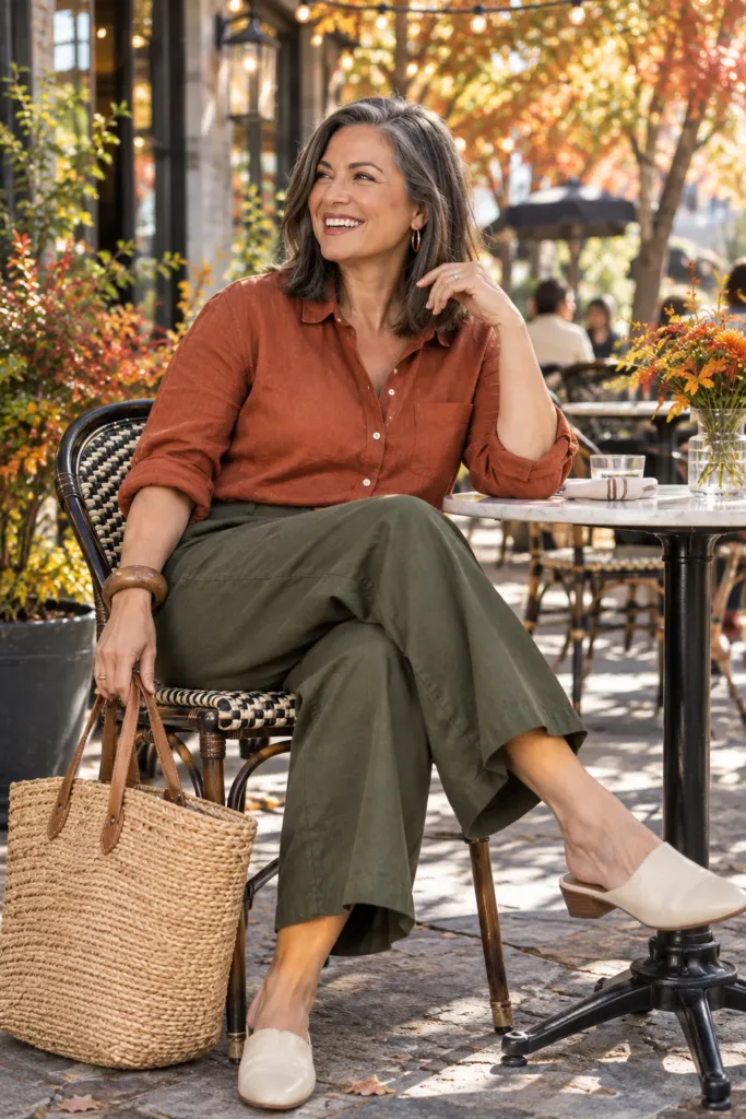 Rust linen shirt and olive wide-leg pants