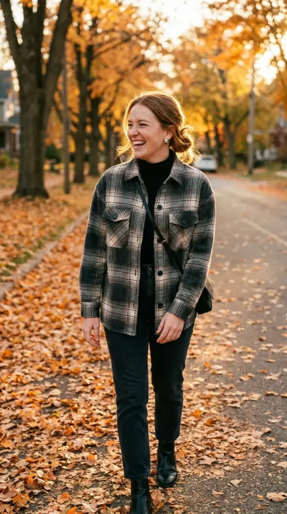 Plus-size woman in a charcoal plaid oversized shacket with black turtleneck and dark jeans on an autumn street