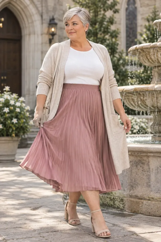Curvy woman in a dusty rose pleated midi skirt and oatmeal cardigan in a church courtyard