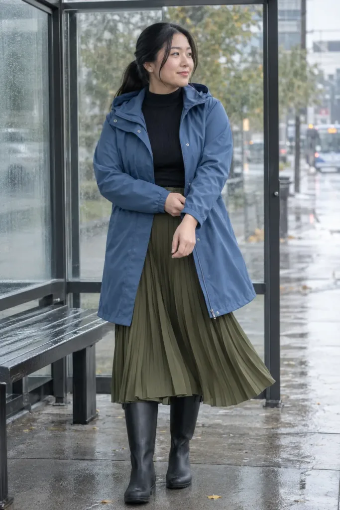 Plus size woman in olive pleated midi skirt, blue raincoat and rain boots at a bus stop on a rainy workday
