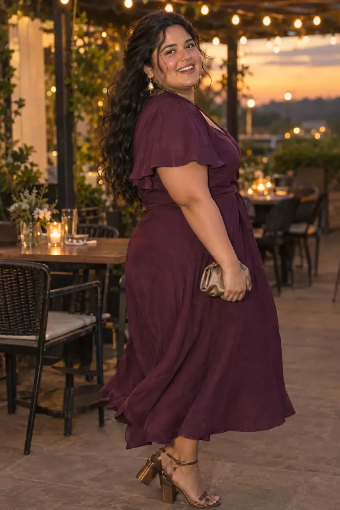 Curvy woman in a plum wrap dress and block-heel sandals on a warm fall evening patio date
