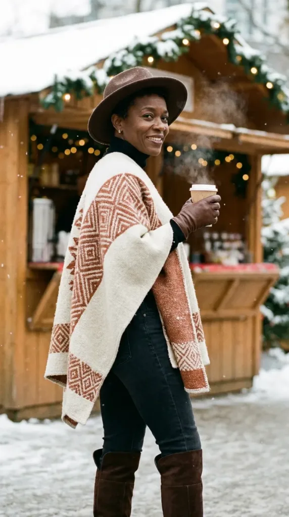 Woman in a woven poncho, turtleneck, jeans and tall suede boots, a winter Noho western outfit