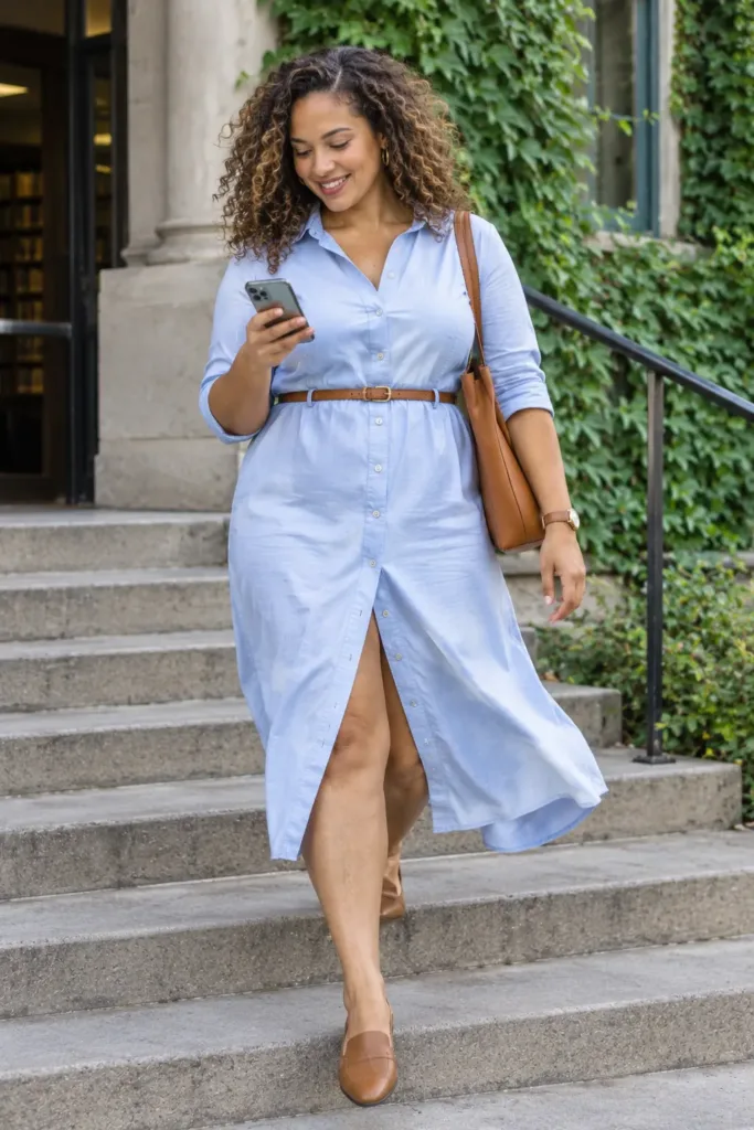 Plus size summer shirt dress outfit in light blue poplin with a belt, simple and office friendly