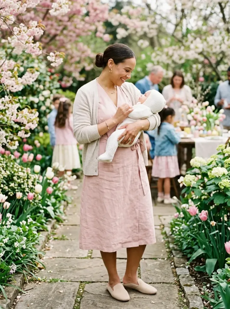 Plus size postpartum Easter outfit with a wrap dress for a changing body